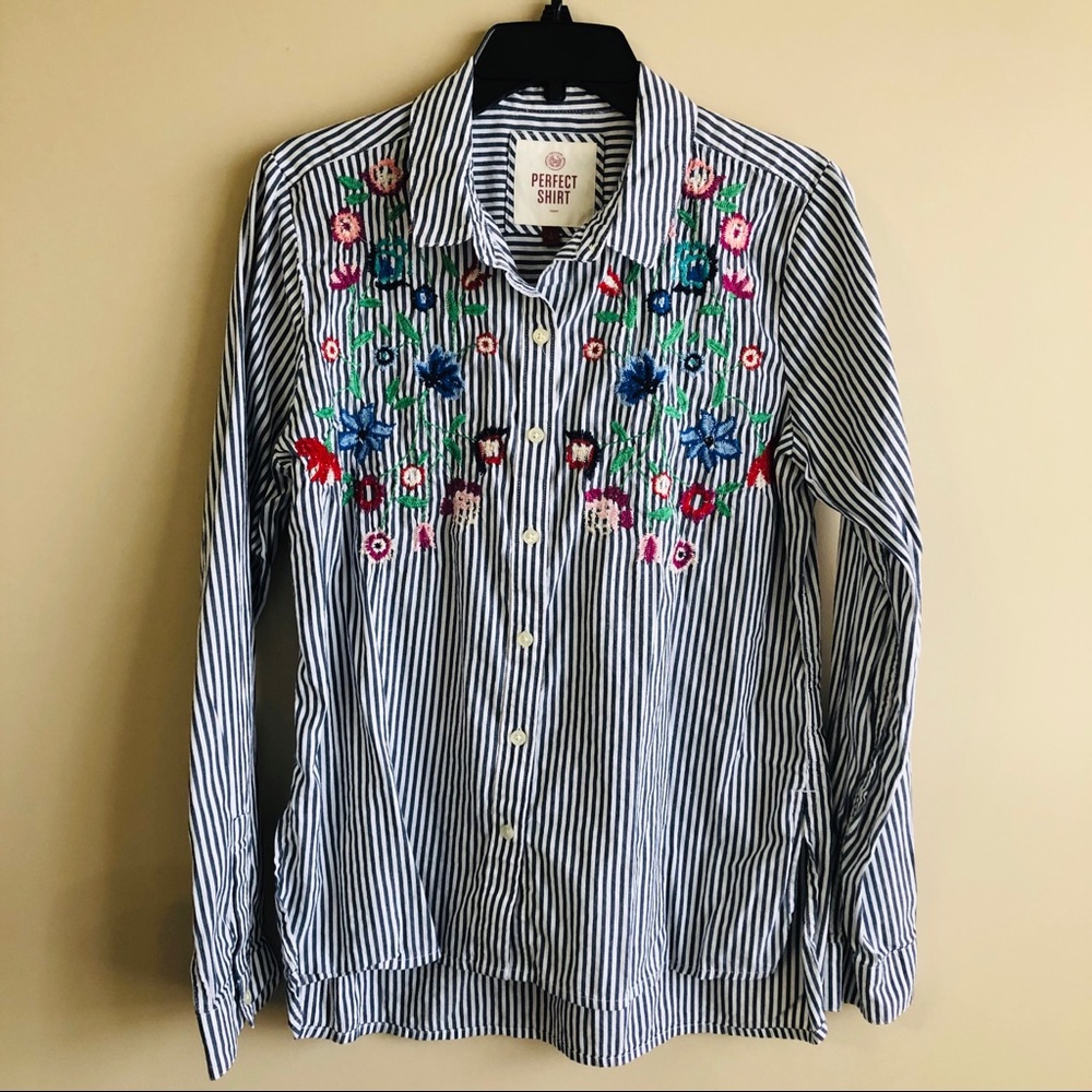 SO Striped Floral Embroidered Perfect Shirt EUC